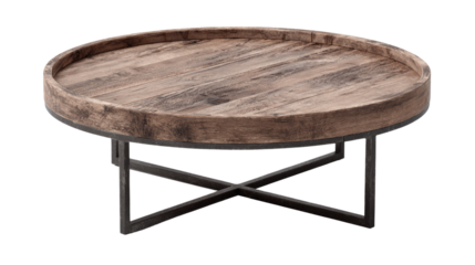 A rustic round wood coffee table featuring a tray top with plank design and a sturdy industrial black metal X-base. background removed