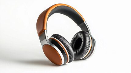 Stylish wireless headphones with leather padding on minimalistic background

