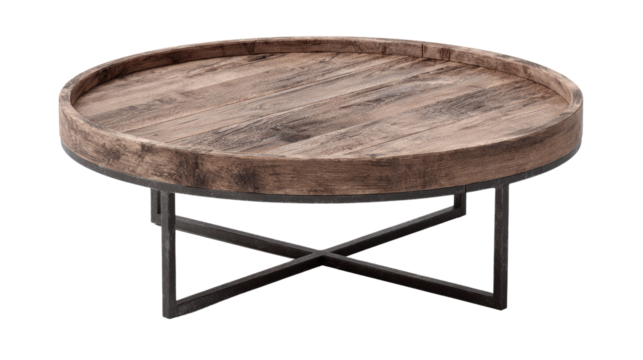 A rustic round wood coffee table featuring a tray top with plank design and a sturdy industrial black metal X-base. background removed