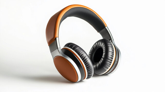 Stylish wireless headphones with leather padding on minimalistic background


