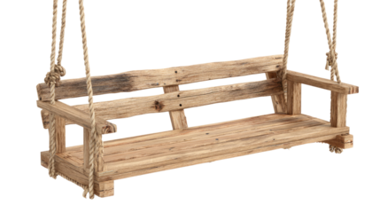 A rustic, weathered wooden swing bench with a sturdy plank seat and backrest, suspended by thick ropes, presented on a transparent background. background removed