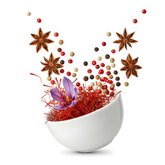 Spice Explosion in Mid-Air. generative ai

Short Description: Burst of saffron, star anise, and pink pepper frozen in mid-air, isolated on a pure white background.