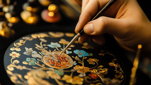 Skilled artisan painting intricate floral design on decorative plate in workshop