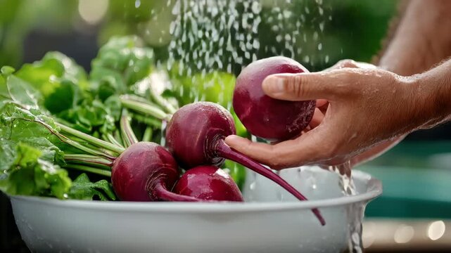 Close-up of a farmer carefully pulling fresh beetroots from dark, fertile soil, highlighting the vibrant colors of the vegetables and the richness of the earth during harvest season