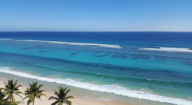 Tropical beach paradise with turquoise water and palm trees under a clear blue sky.