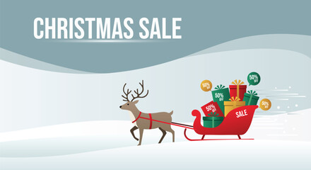 Vector illustration of christmas sale with reindeer pulling a sleigh full of gifts and discounts