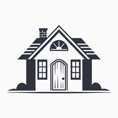 Single story house displays a unique doorway and distinct roof design in a simple monochrome