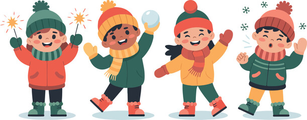 Winter Season Fun Collection of Children Playing with Sparklers and Snowball in Cold Weather with Colorful Clothing Vector Illustration