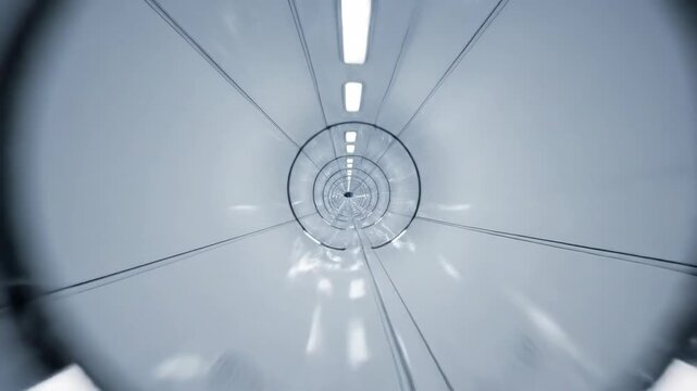 Futuristic tunnel entrance with streaking white lights and radial blue glow. High-speed data transmission visualization for 5G networks and internet of things. Abstract digital concept illustrating