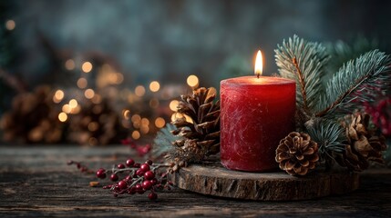 Christmas background with red Advent candle, natural Xmas decorations, branches and pine cones on rustic wood with magic lights.