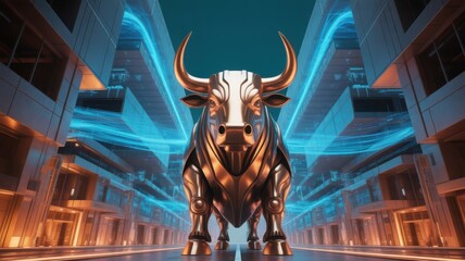 Naklejka premium A majestic golden bull statue, standing tall against a modern building backdrop, symbolizing financial strength and economic prosperity