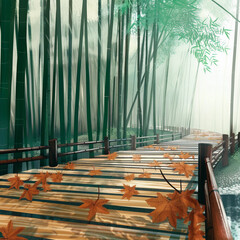 Digital illustration of tranquil bamboo forest pathway with autumn leaves
