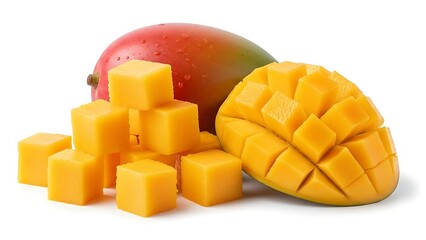Freshly cut mango cubes and a whole mango, a tropical delight for healthy recipes and vibrant summer desserts, showcasing natural sweetness and flavor