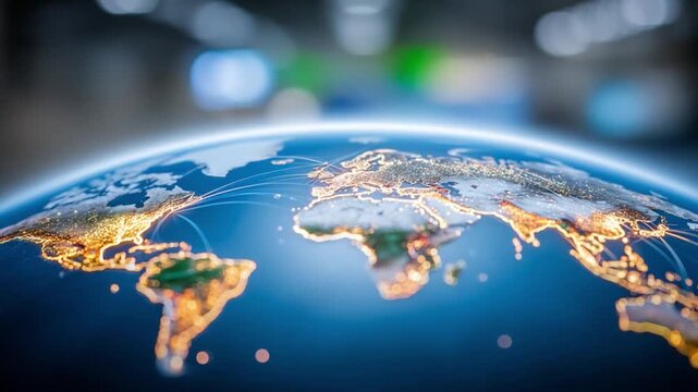 Global Connections: A captivating depiction of the earth, highlighting illuminated cities and interconnected networks that symbolize global collaboration and progress.
