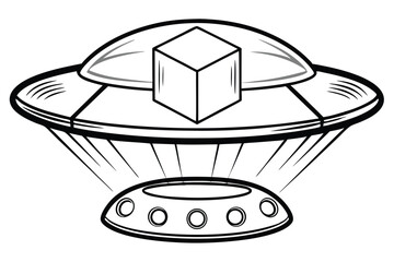 Outlined cube is being abducted by a flying saucer UFO, in black and white
