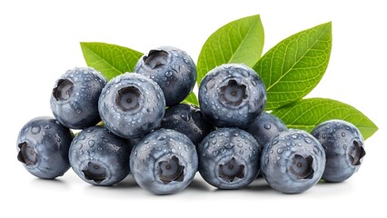 Fresh blueberries with water droplets and vibrant green leaves tempt with healthy eating, summer fruits, antioxidants, and delicious flavor for recipes