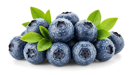 Fresh blueberries with vibrant leaves glistening with dew drops, perfect for healthy snacking and summer recipes, creating a refreshing and natural feel