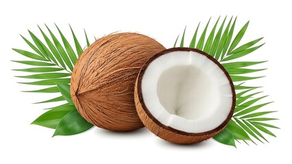 Fresh coconut halves with vibrant green palm leaves offer a tropical escape, perfect for summer promotions, healthy lifestyle campaigns, and exotic culinary creations