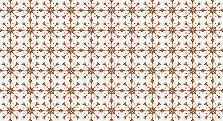 A seamless geometric pattern featuring stylized brown floral snowflake motifs with subtle red accents on a light background. Ideal for textiles, decor, and holiday designs.