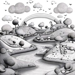 Detailed black and white nature landscape with various animals and a winding river scene