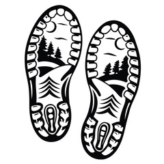 Two monochrome footprints showcase a landscape of hills, trees and a moon inside shoe prints