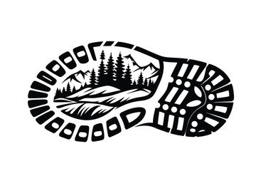 Sole print reveals peaceful mountain scenery featuring tall trees and crisp water in black and white