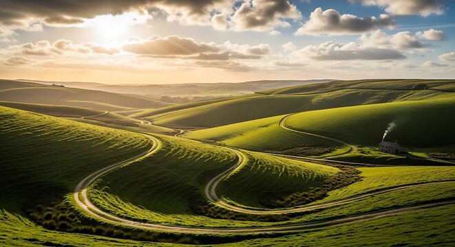 Winding Road Through Rolling Green Hills at Sunset with Golden Light.