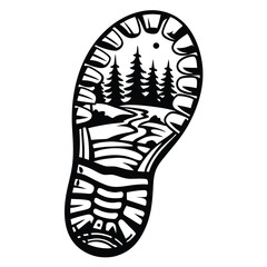 Shoe sole depicts a landscape with trees, winding path, and a sun in black and white
