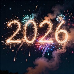 Centralized "2026" Written with Bright Sparklers Against Night Sky and Exploding Fireworks