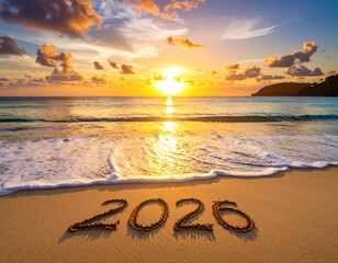 Sunset over ocean waves beach nature photography tropical paradise wide angle new year celebration 2026