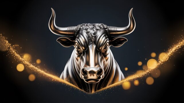 A majestic bull statue against a dark background, symbol of strength and power. The bull is detailed, with a metallic finish, and golden sparks adds a luxurious and financial element
