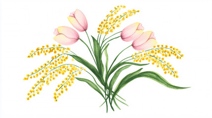 Watercolor illustration of pink tulips and mimosa bouquet on white background
