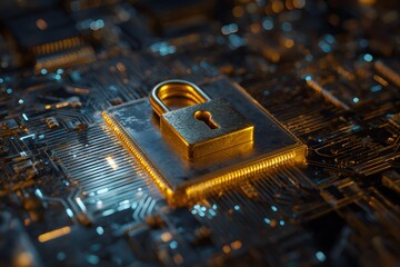 Cyber Security Concept with Padlock on Circuit Board Protecting Data Privacy Ensuring Network Safety Shielding Against Hackers with Digital Protection and Secured System Access for Business 