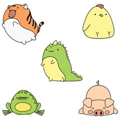 Hand-drawn cartoon set of kawaii animals on a white background. Tiger, chick, crocodile, frog, pig.