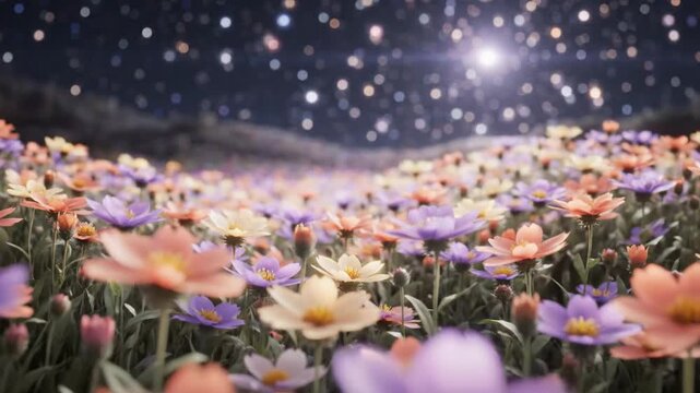 Field of colorful flowers illuminated by celestial lights at night