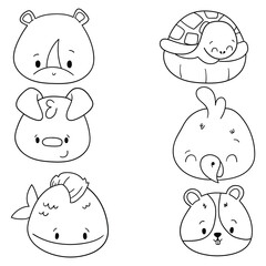 Hand-drawn doodle set of animal faces on a white background. Rhinoceros, turtle, dog, parrot, fish, hamster.