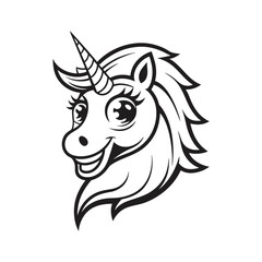 Smiling unicorn head with flowing mane showcases cartoonlike simple lineart that appears playful