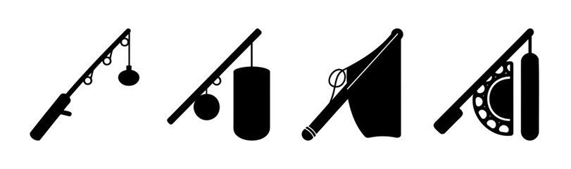 Fishing rod equipment icons set, silhouette fishing gear