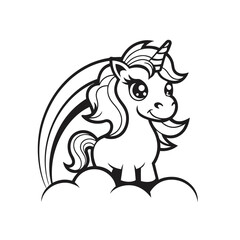 Outlined happy unicorn rests on a cloud with beautiful flowing mane in monochrome