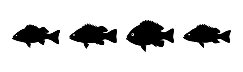 Four black fish silhouettes arranged horizontally in a line.