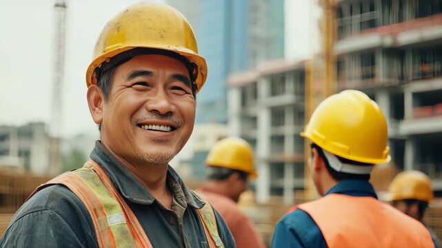 happy of team construction worker working at construction site. Man smiling with workers