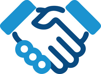 Two blue stylized hands are clasping together, showing cooperation and partnership icon