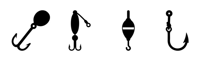 Fishing tackle elements icon set, hooks, lures, and bobber © Taramon00