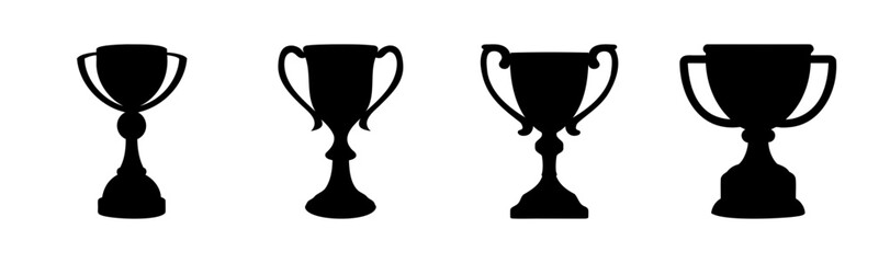 Four black trophy cup silhouettes representing victory and success