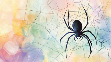 Artistic illustration of spider on web against a colorful abstract background