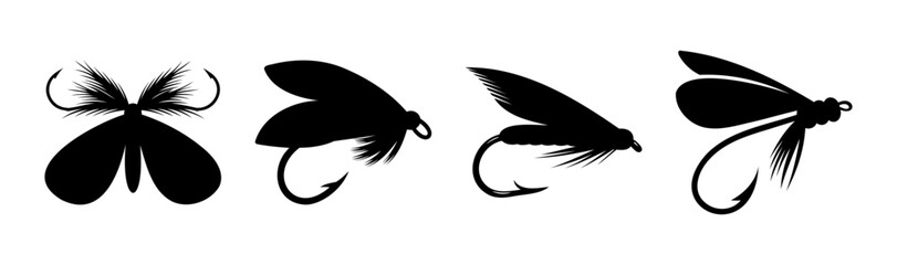 Various fly fishing lures and artificial baits on hooks silhouette © Taramon00
