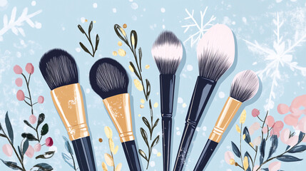 Colorful illustration of makeup brushes arranged with decorative winter elements