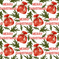 Merry Christmas with watercolor red bags and fir tree branches seamless pattern.