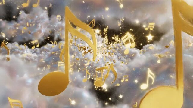Floating musical notes amidst abstract cloudscape with glowing particles