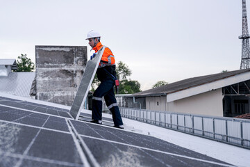 Solar technician analyzing photovoltaic efficiency using AI-driven maintenance protocols on smart grid rooftop, ensuring optimal clean energy performance and safety.